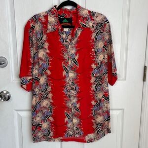 PINEAPPLE JUICE Island Vibes Red Floral Hawaiian Button Down Shirt Size Medium